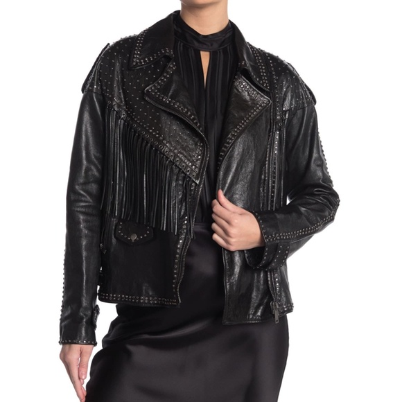 Valentino Studded Fringe Leather Biker Jacket - Picture 1 of 12